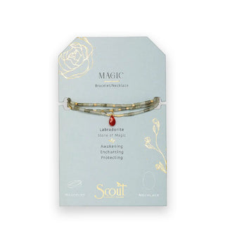 Labradorite beaded Magic Bracelet/Necklace with central teardrop stone wrapped three times around a gold foil detailed product card