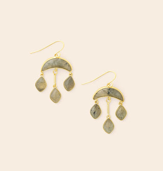 Dangle earrings with three rounded diamond-shaped gray labradorite stones attached to an upper cresent-shaped labradorite stone on gold hardware