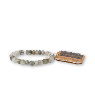 Labradorite stone bead bracelet with brown tag attached