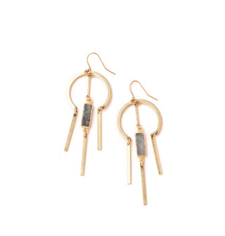 Gold earrings with a rounded upper section and labradorite stone center dangle