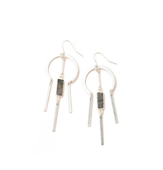 Silver earrings with a rounded upper section and labradorite stone center dangle