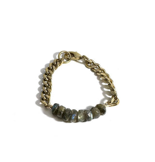 Faceted rounded labradorite stones on a bracelet with chunky brass curb chain and lobster claw clasp