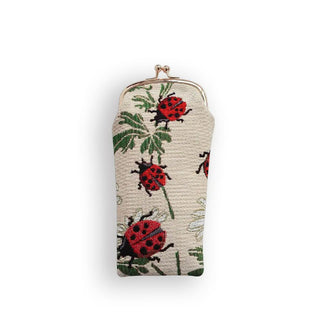 Fabric eyeglass pouch with gold kisslock frame and hardware features ladybug print