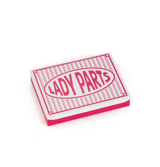 Rectangular pink and white box with striped lid says, "Lady Parts" in central oval