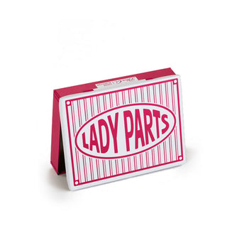 Rectangular pink and white box with striped lid says, "Lady Parts" in central oval