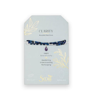 Lapis beaded Clarity Bracelet/Necklace with central teardrop stone wrapped three times around a gold foil detailed product card