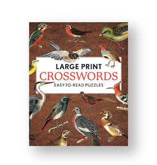 Brown cover of Large Print Crosswords features vibrant bird illustrations