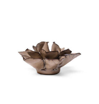 Side view of flat-bottomed brown ceramic flower sculpture