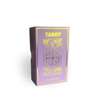 Purple box of Lavender Edition Tarot cards with gold lettering and design details