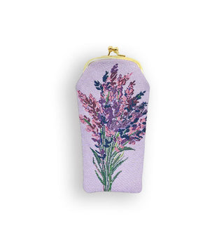 Fabric eyeglass pouch with gold kisslock frame and hardware features lavender print