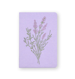 Purple journal cover features embroidered design of a bunch of lavender