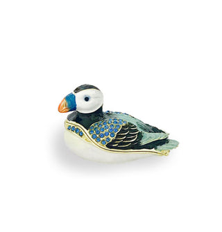 Decorative painted resting puffin box with blue crystal wing accents