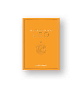 Orange cover of The Zodiac Guide to Leo by Astrid Carvel features white and gold lettering and a central illustration of a lion's head