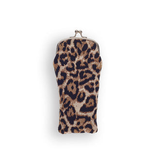 Fabric eyeglass pouch with gold kisslock frame and hardware features leopard print