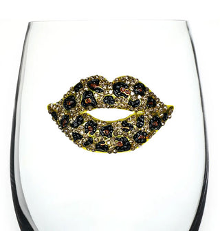 Clear wine glass with leopard print lips decal accented with clear, black, and brown rhinestones