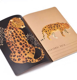 Notebook interior features leopard illustrations and space to write "Personal data"
