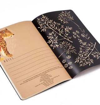 Notebook interior features leopard, fern, and floral illustrations with lined writing space for "Notes"