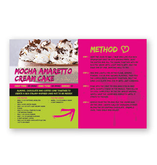 Page spread from Let Them Eat Cake features a recipe for Mocha Amaretto Cream Cake with bright green and pink accents and a photo of the finished cake