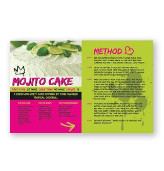 Page spread from Let Them Eat Cake features a recipe for Mojito Cake with bright green and pink accents and a photo of the finished cake
