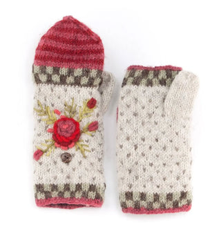 Pair of convertible mittens feature colorful jacquard knit in a predominantly beige and red color palette with raised floral embroidery accents