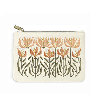 Rectangular white canvas pouch with gold zipper pull tab and floral embroidery in a muted green and brown palette