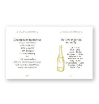 Page spread from The Little Book of Champagne features export data and a bottle illustration