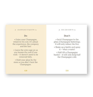 Page spread from The Little Book of Champagne features a Champagne Etiquette section with "Do" and "Don't" lists