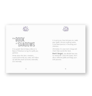 Page spread from The Little Book of Crystal Magic features a section titled, "The Book of Shadows" with illustration