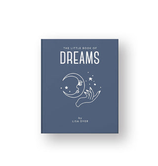 Dark blue cover of The Little Book of Dreams by Lisa Dyer features an illustration of a hand and crescent moon with face surrounded by stars