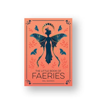 Coral-colored cover of The Little Book of Faeries by Mel Barren features a dark blue silhouetted design of a mythical winged figure surrounded by butterflies and red ferns and crowned by a gold crescent moon