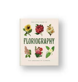 White cover of The Little Book of Floriography: The Language of Flowers features six vintage-style floral illustrations flanking the main title in green lettering