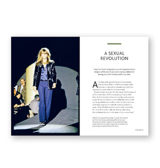Page spread from the Little Book of Gucci features a section titled, "A Sexual Revolution" with photograph of Kate Moss on the runway