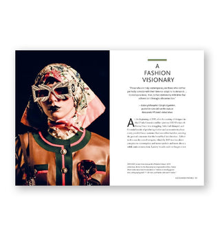Page spread from the Little Book of Gucci features a section titled, "A Fashion Visionary" with photograph of a model wearing opulent sunglasses, headscarf,  jacket, and accessories