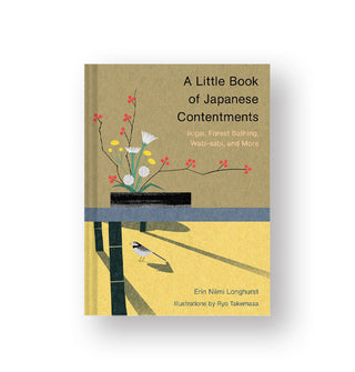Cover of A Little Book of Japanese Contentments by Erin Niimi Longhurst features a minimalist illustration of a floral arrangement and bird casting long shadows