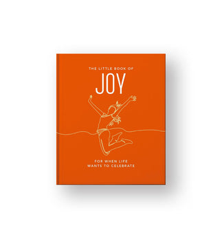 Orange cover of The Little Book of Joy: For When Life Wants to Celebrate features a central white line drawing of someone jumping up in the air with legs bent and arms outstretched