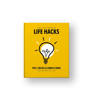 Yellow cover of The Little Book of Life Hacks: Tips, Tricks & Simple Wins for an Easier Life features a black and white light bulb illustration in the center
