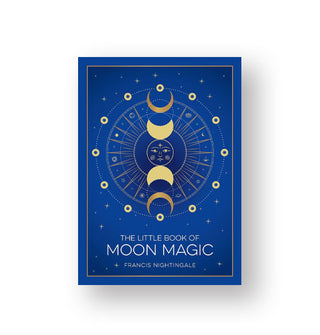 Dark blue cover of The Little Book of Moon Magic by Francis Nightingale features a circular gold celestial illustration in the center surrounded by stars