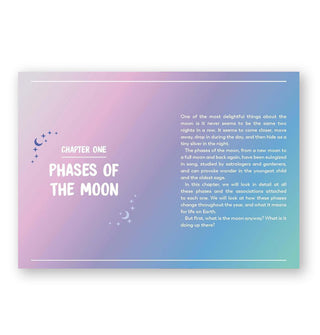 Page spread from The Little Book of Moon Magic features Chapter One: Phases of the Moon printed in white lettering over pink-to-blue ombré
