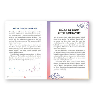 Page spread from The Little Book of Moon Magic features sections titled, "The Phases of the Moon" and "How Do the Phases of the Moon Happen?"