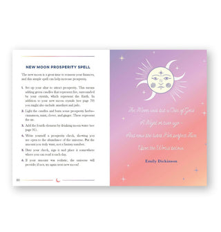 Page spread from The Little Book of Moon Magic features a section titled, "New Moon Prosperity Spell" alongside a quote by Emily Dickinson paired with a celestial illustration on purple-to-orange ombré