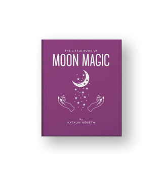 Purple cover of The Little Book of Moon Magic by Katalin Németh features a central illustration of two outstretched hands, between which is a crescent moon and stars
