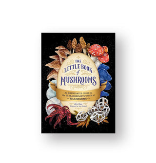 Black cover of The Little Book of Mushrooms features a center title oval with gold banner detail surrounded by a border of various colorful mushroom species