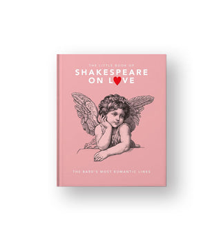 Pink cover of The Little Book of Shakespeare on Love: The Bard's Most Romantic Lines features a central illustration of a cherub wearing a flower crown