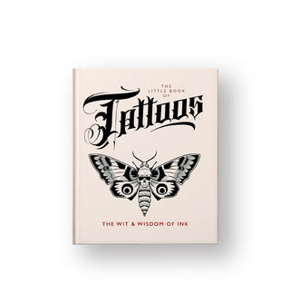 White cover of The Little Book of Tattoos: The Wit & Wisdom of Ink features black and red lettering and a large black and white moth design
