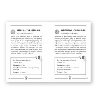 Page spread from The Little Book of the Zodiac features sections on Scorpio (The Scorpion) and Sagittarius (The Archer)  astrological signs