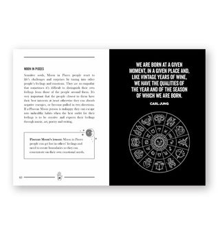 Page spread from The Little Book of the Zodiac features a section titled, "Moon in Pisces" next to a Carl Jung quote: "We are born at a given moment, in a given place an, like vintage years of wine, we have the qualities of the year and of the season of which we are born."