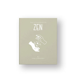 Green-gray cover of The Little Book of Zen by Tina Chantrey features a central illustration of two cupped hands, one white and one an outline, with celestial symbols floating between them
