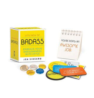Little Box of Badass with contents: round buttons, magnet assortment, and spiral-bound booklet