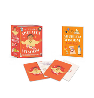 The Little Deck of Abuelita Wisdom box, mini guidebook, and sample cards, all with a friendly orange design motif