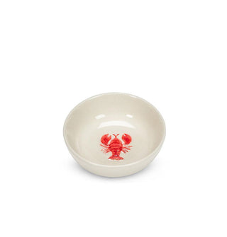 Round white ceramic bowl with central painted embossed red lobster in the bottom